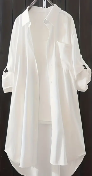 Solid Patched Pocket Simple Shirt, Versatile Long Sleeve Button Front Shirt, Women's Clothing — White