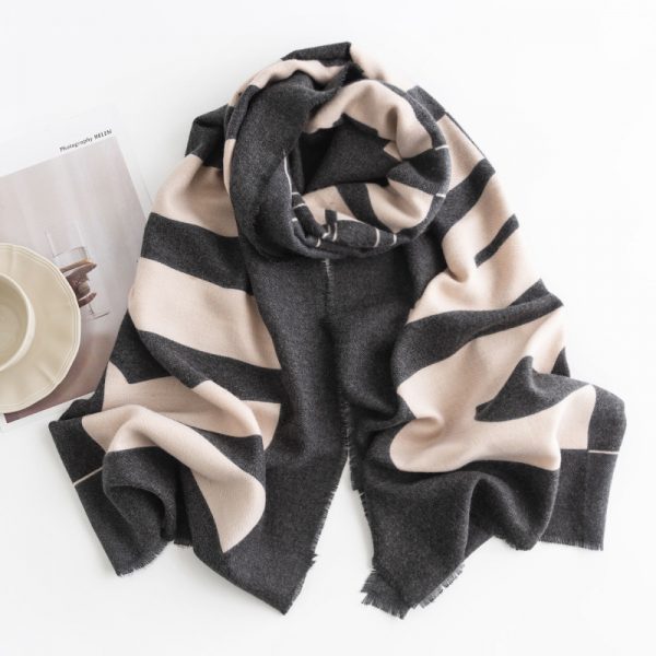 Herringbone Pattern Monochrome Artificial Cashmere Scarf Women's Simple Casual Style Tassel Warm Shawl — FH2352911 Black And Pink
