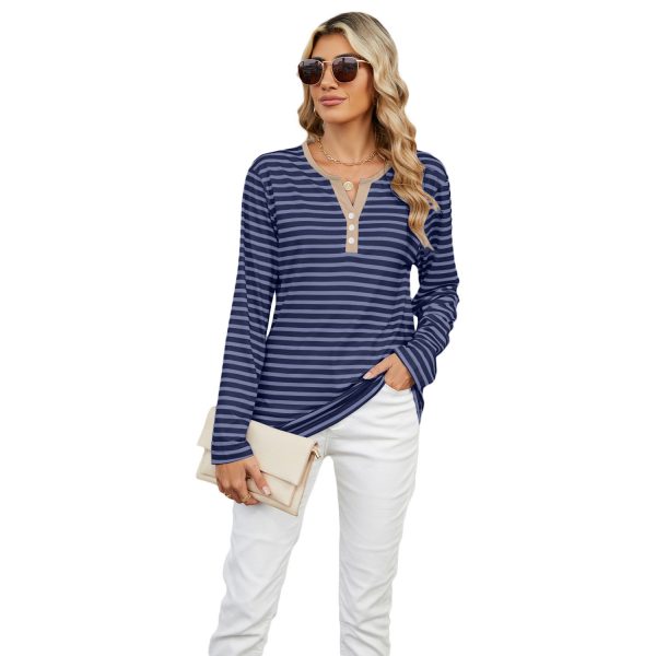 Women's V-neck Striped Loose Long-sleeved T-shirt Top — Dark Blue Stripe