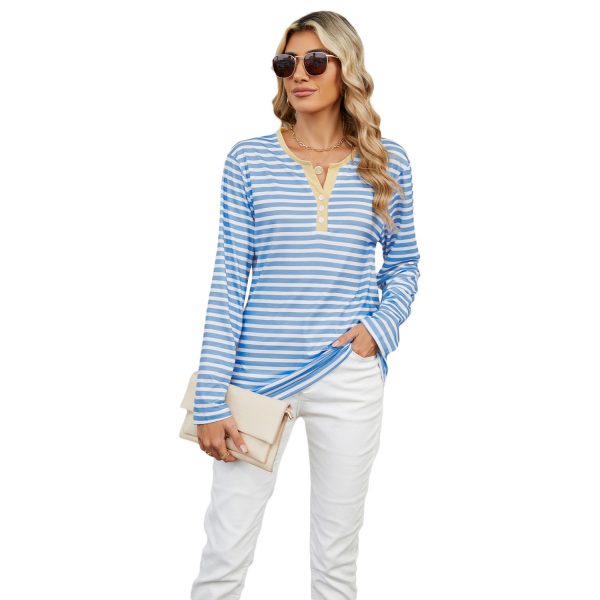 Women's V-neck Striped Loose Long-sleeved T-shirt Top — Blue And White Stripes