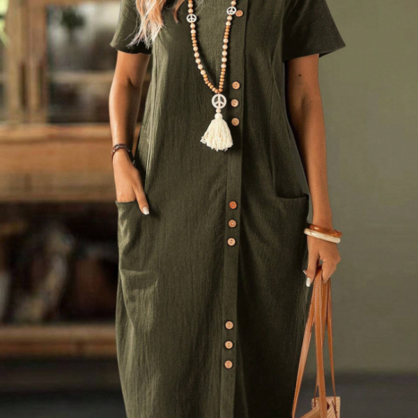 Women's Solid Color Button Front Short Sleeve Pocket Casual Dress — Green