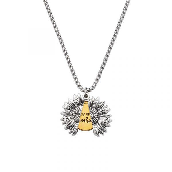 Creative Openable Sunflower Pendant Necklace Fashion Letter Jewelry Gift — Silver