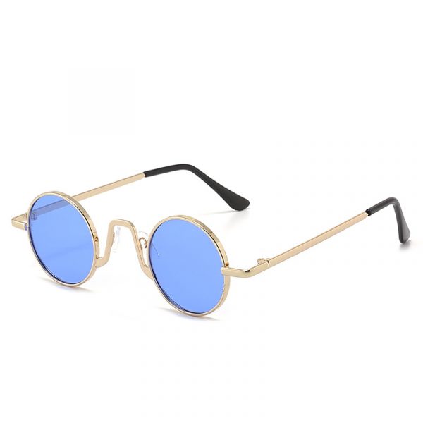 Retro Hip Hop Sunglasses Small Frame Round — Gold Frame Blue Lens