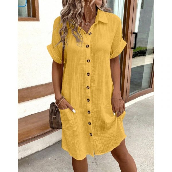 Summer Simplicity V-neck Buttons Cotton Linen Women's Shirt Dress — Yellow