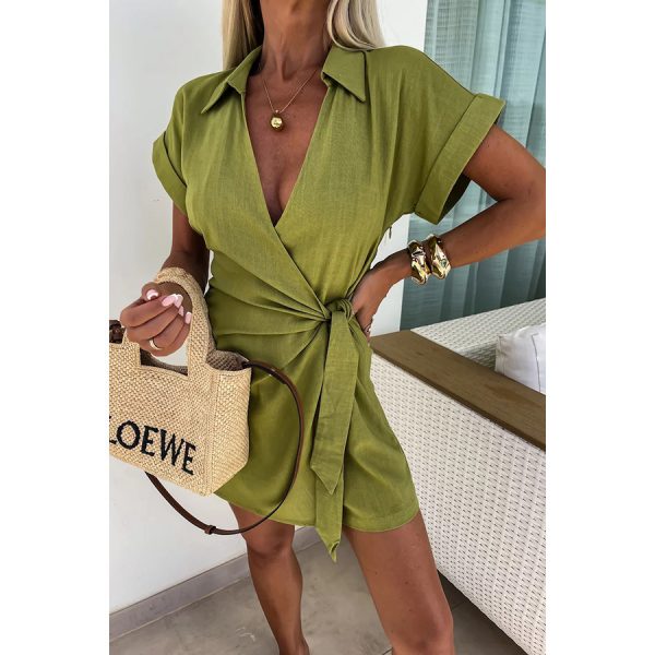 Spring And Summer New Lace-up Turn-down Collar Jumpsuit INS Casual Loose Vacation Jumpsuit — Olive