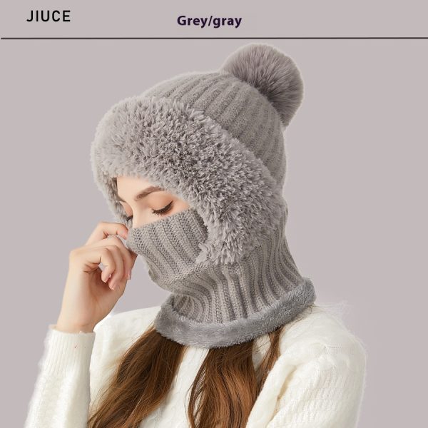 High Elastic Solid Color Knitted Hat Scarf Mask One-piece — Gray