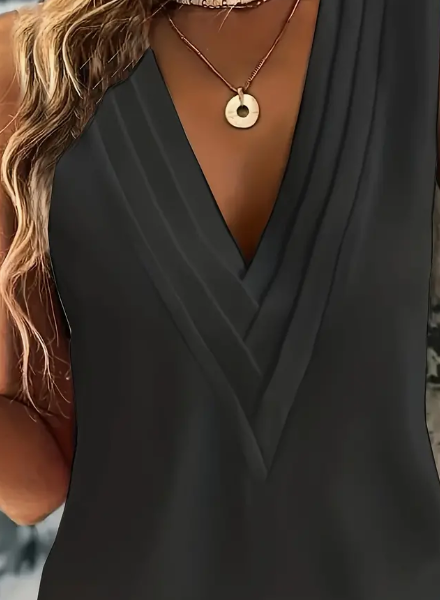 Ruched V Neck Blouse, Casual Sleeveless Solid Versatile Blouse, Women's Clothing — Black