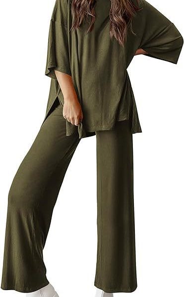 Casual Short-sleeved Pullover Top Wide-leg Pants Casual Suit — Army Green