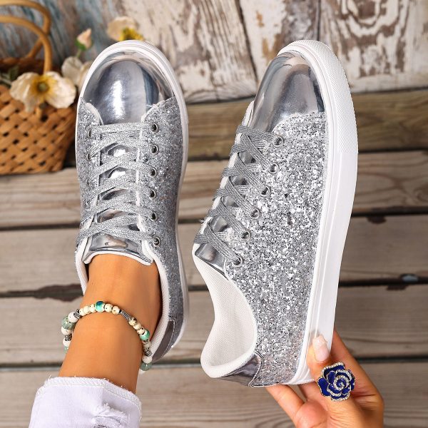 Plus Size Sequined Front Lace-up Solid Color Plus Size Board Shoes — Silver