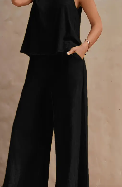 Vibrant Solid Color Casual Pants Set - V Neck Sleeveless Tank Top, Wide Leg Pants With Pocket, Polyester Fabric, Machine Washable - Perfect For Summer, All Season Wear — Black