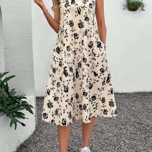 Round Neck Sleeveless Flared Hem Retro Floral Print Casual Elegant Midi Dress — White