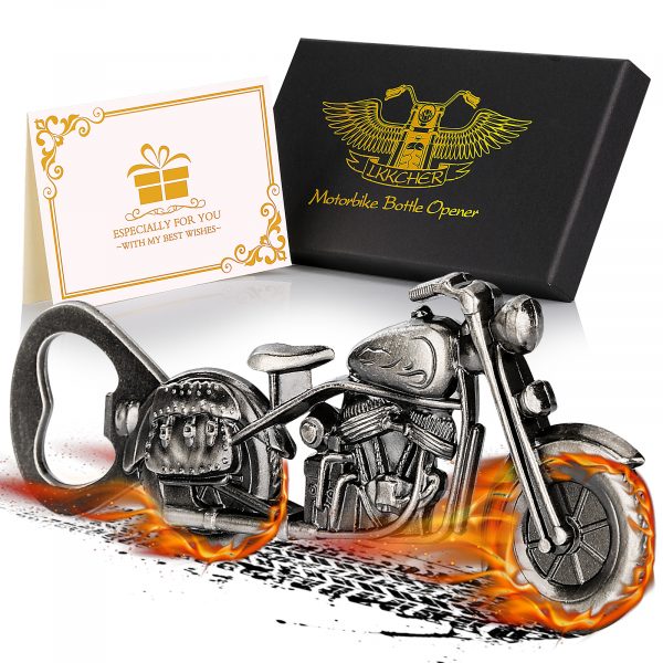 Old Style Motorcycle Beer Bottle Opener Black Gift Box With Greeting Card, Exclusive Gift For Motorcycle Enthusiasts, Bar Tool For Beer Enthusiasts, Ideal Choice For Home And Bar Use — Dark Silver