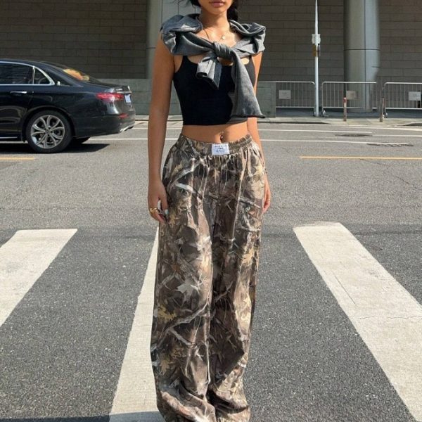 Slimming Casual Pants Hip Hop Retro Street Multi-pocket Camouflage Cargo Pants For Women Y2k Hip-hop Cargo Grunge Baggy Trousers — Branch Pattern