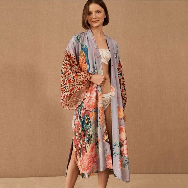Loose Sun Protection Peacock Positioning Printing Beach Cover-up — Light Pink