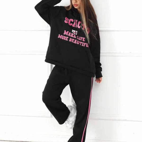 Women's Fashion Casual Printed Top Pants Set — Black