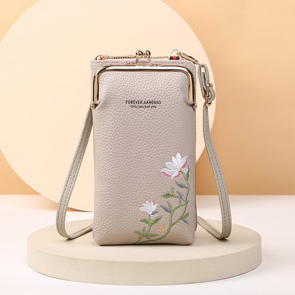 Flower Embroidery Phone Bag With Lock Buckle Outdoor Long Wallet Fashion Shoulder And Crossbody Bags — Gray