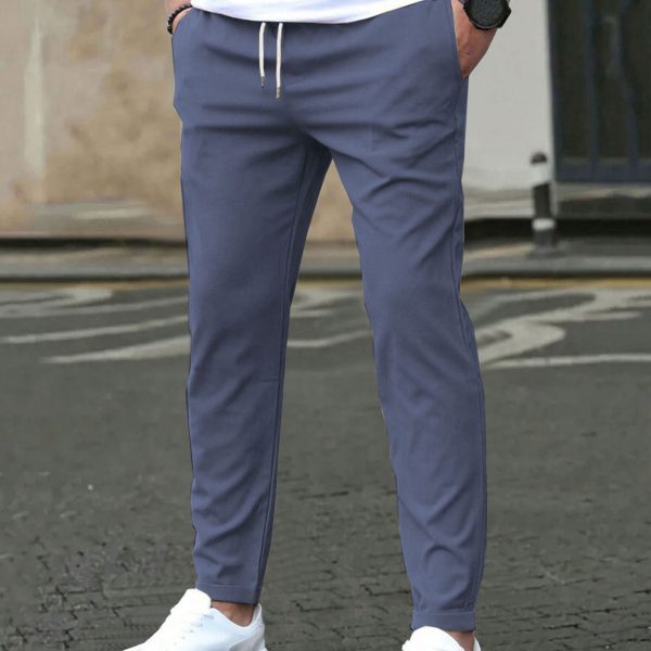Casual Slim Fit Leather Tag Cropped Pants Solid Color Pants — Blue