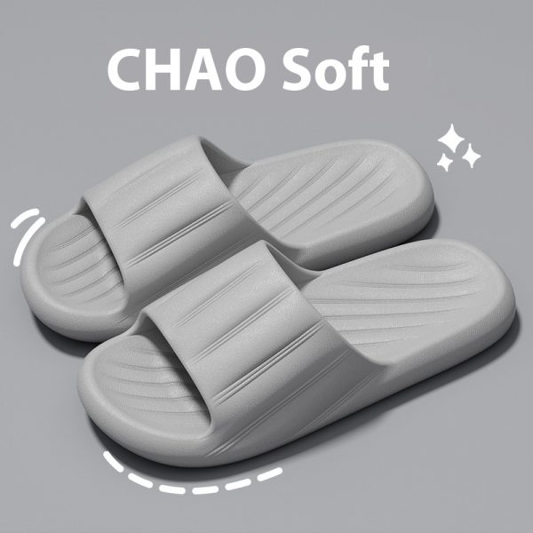 Fashion Solid Color Striped Home Slippers Summer Thick Bottom Non-slip Bathroom Slipper Women Men Couples Shoes — Gray