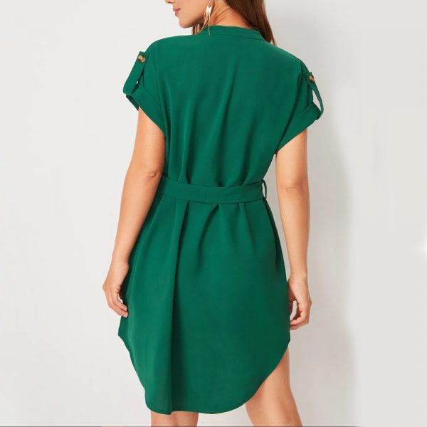 V-neck Short Sleeve Dress With Belt Summer Fashion Bowknot Dresses For Women Clothing — Dark Green