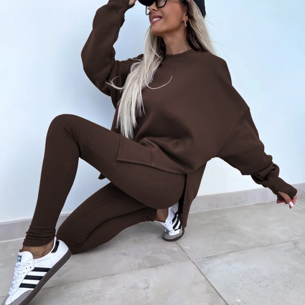 Sweater Suit Women's Casual Loose Long Sleeve Crew Neck Split Top Tight Trousers — Khaki