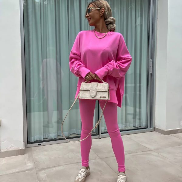 Sweater Suit Women's Casual Loose Long Sleeve Crew Neck Split Top Tight Trousers — Pink