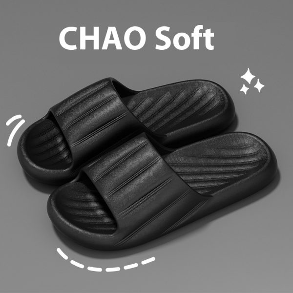 Fashion Solid Color Striped Home Slippers Summer Thick Bottom Non-slip Bathroom Slipper Women Men Couples Shoes — Black