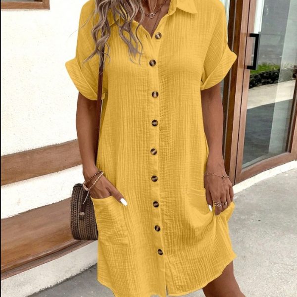 Summer Short Sleeve Shirt Dress Fashion Solid Color Single-breasted Mid-length Loose Dress — Yellow