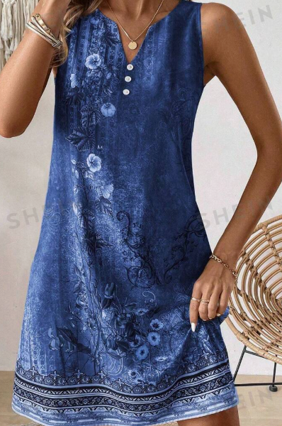 Women's Summer Holiday Floral Print Sleeveless V-Neck Loose Dress With Slit — Blue