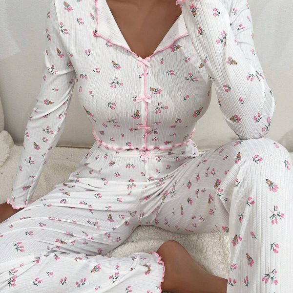Home Wear Casual Printed Trousers Long Sleeve European And American Suitable For Daily Wear Two-piece Set — White Floral