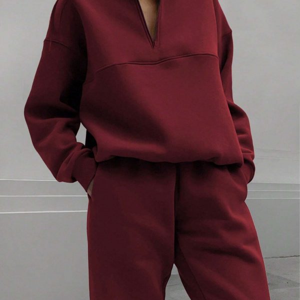 Long-sleeved Sports Sweatshirt Suit Fashion Stand-up Collar Zip-up Top And Elastic Band Trousers With Pocket Srping Fall Clothing For Women — Wine Red