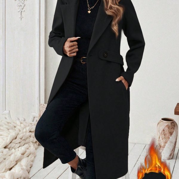 Flat Collar Solid Color Pocket With Belt Long Sleeve Autumn Winter Coat Jacket — Black