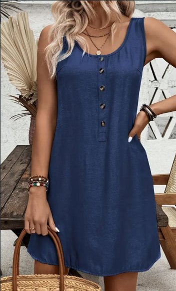 Elegant Women's Round Neck Button-Up Dress - Sleeveless, Solid Color, Short Length, Elegant Special Project Style, Conventional Version, Xia — Navy Blue