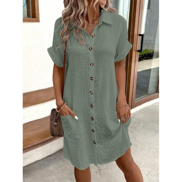 Summer Simplicity V-neck Buttons Cotton Linen Women's Shirt Dress — Gray Green