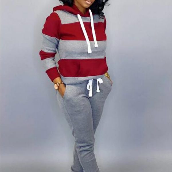 Women's Clothing Sweater Stitching Hooded Casual Sports Suit — Gray Rose Red