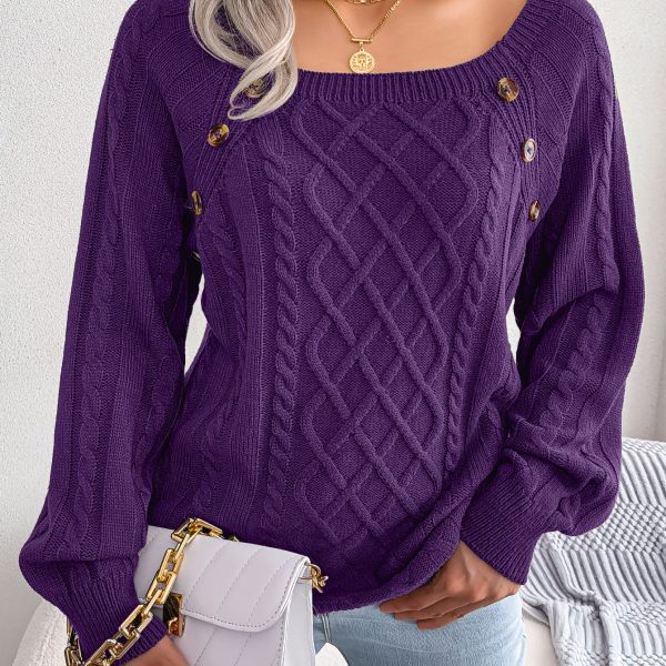 Square Neck Button Fried Dough Twists Knitting Pullover Sweater — Purple