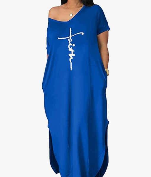 Letter Printed Super Loose Casual Maxi Dress — Blue