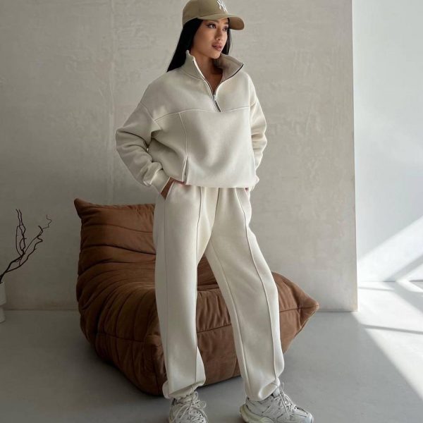 Y2K Winter Jogging Women Two Piece Set Female Zipper Coat Casual Pants Tracksuit Autumn Jacket Fashion Contrast Sport Wear Set — Apricot