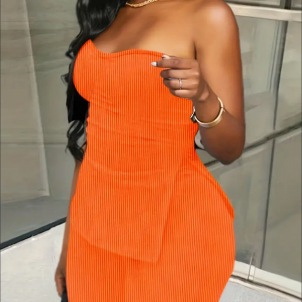Two-piece Set, Sexy Matching Side Split Tube Top & Skinny Shorts Outfits For Women — Red Orange