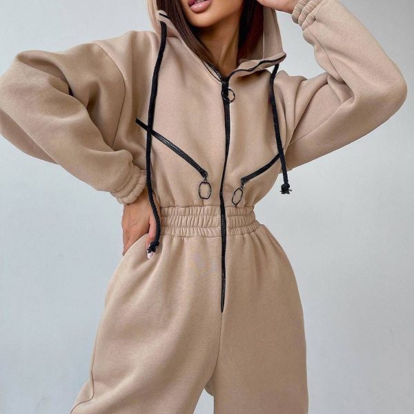 Sports And Casual Women's Hooded Jumpsuit — Apricot