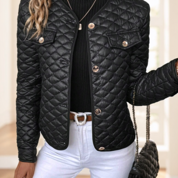 Clasi Elegant Diamond-Quilted Plus Size Women's Winter Short Padded Coat — Black
