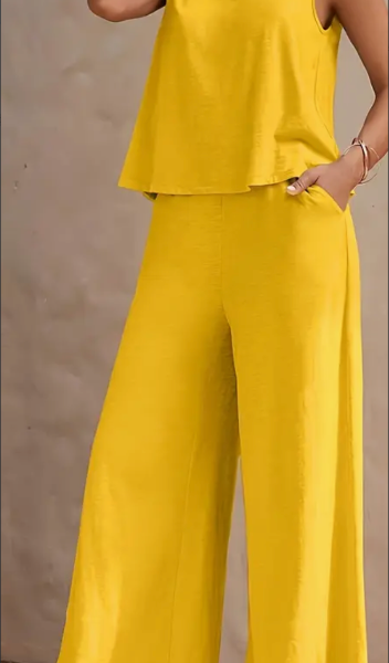 Vibrant Solid Color Casual Pants Set - V Neck Sleeveless Tank Top, Wide Leg Pants With Pocket, Polyester Fabric, Machine Washable - Perfect For Summer, All Season Wear — Ginger colored