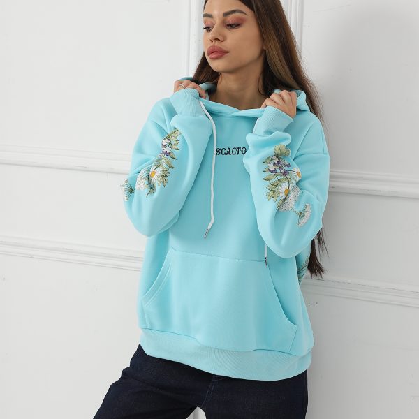 Women's Solid Color Floral Long Sleeved Sweatshirt — Blue