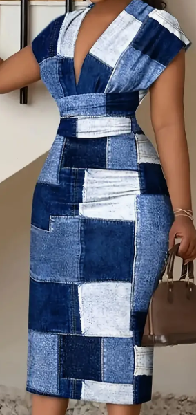 Short Sleeve Elegant Patchwork Print V Neck Dress For Spring & Summer, Women's Clothing — Blue and White