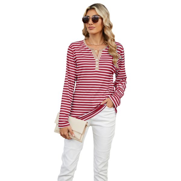 Women's V-neck Striped Loose Long-sleeved T-shirt Top — Red Stripe