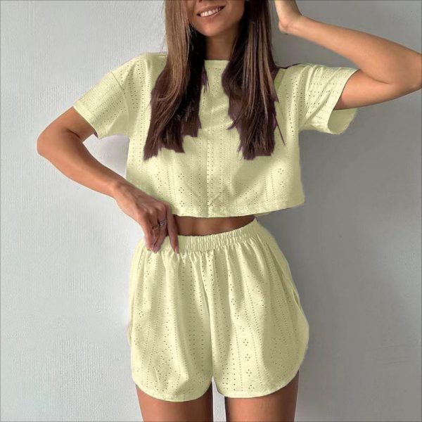 2pcs Casual Hollow Suit With Short-sleeved Crop Top And Elastic Slit Shorts Summer Fashion Sport Clothing For Women — Yellow