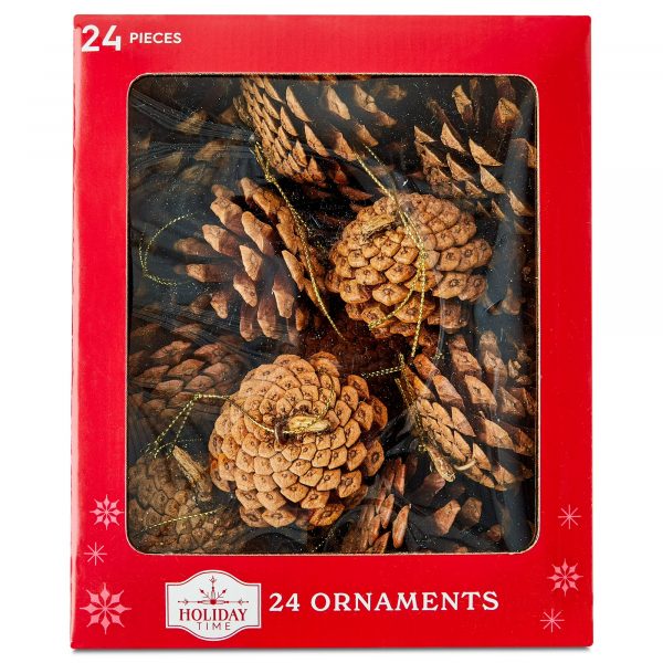 24 Count Natural Brown Pinecone Christmas Ornaments, Assorted Sizes, by Holiday Time