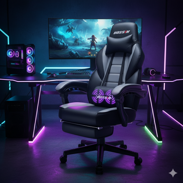 Bossin Gaming Chairs with Footrest,Massage Leather Game Chair for Adults,Big and Tall Gamer Chair with Headrest and Lumbar Support