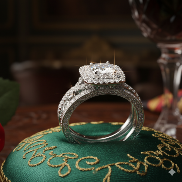 JeenMata 1.25 ct - Square Moissanite - Double Halo - Twisted Band - Vintage Inspired - Pave - Wedding Ring Set in 18K White Gold Plated for Women