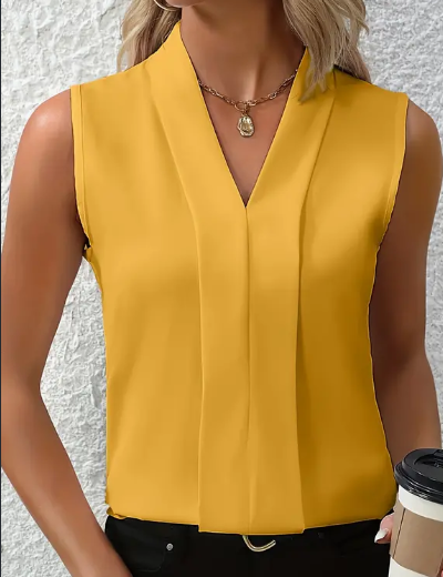 Women's Elegant Sleeveless V-Neck Blouse - Breezy Chic Top Ideal For Spring & Summer, Versatile Fashion For Casual Or Formal Wear — Yellow