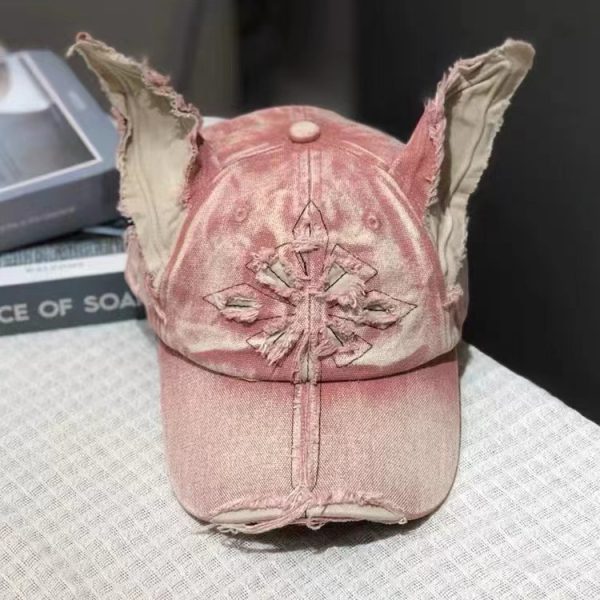 Waste Soil Wind Y2g Doberman Ear Baseball Cap Worn Looking Washed-out Denim — Orange Pink